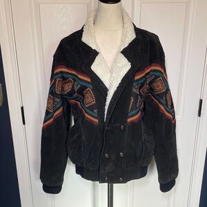 Vintage Sun & Moon Black Suede Southwest Jacket Ivory Sherpa Collar Size Small